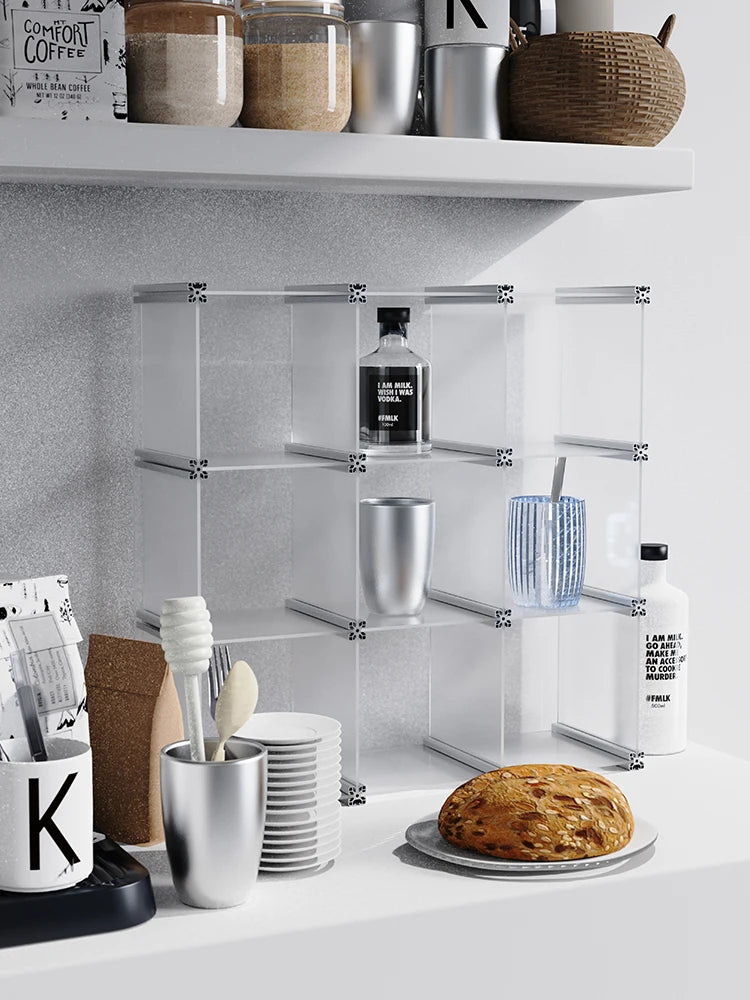 organisateur rangement modulaire transparent bleu clips métalliques compartiments tasses bouteilles bol assiette gâteau tablette