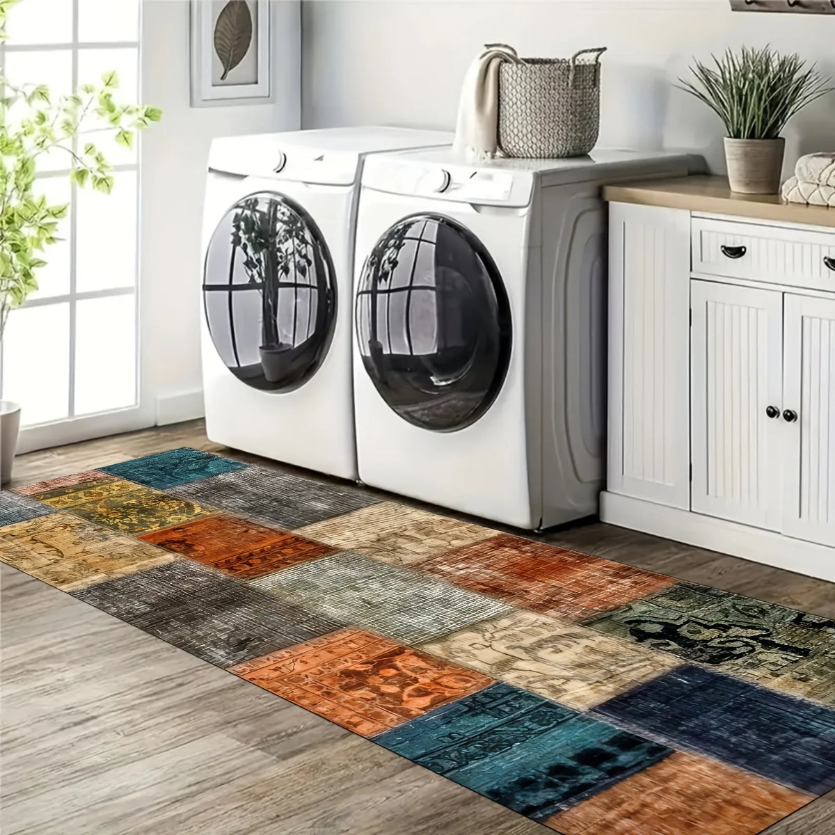 tapis moderne patchwork imprimé bleu vert orange gris polyester résistant intérieur salon chambre