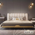 lit moderne double cuir véritable tête capitonnée cadre métal doré luxueux