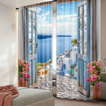 rideaux décoratifs grecs bleu ciel mer maison blanche nuages semi translucides pastorales 100 polyester