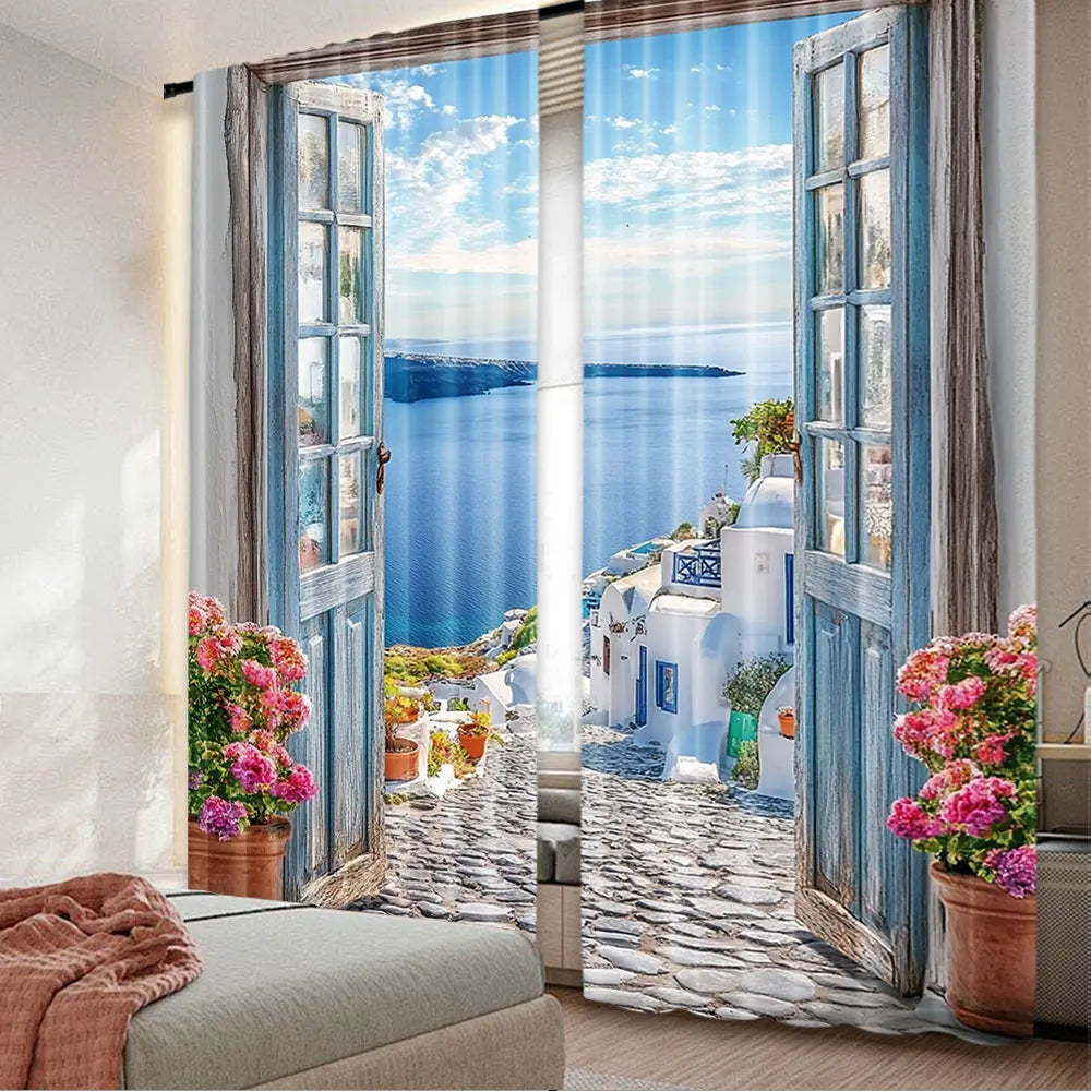 rideaux décoratifs grecs bleu ciel mer maison blanche nuages semi translucides pastorales 100 polyester