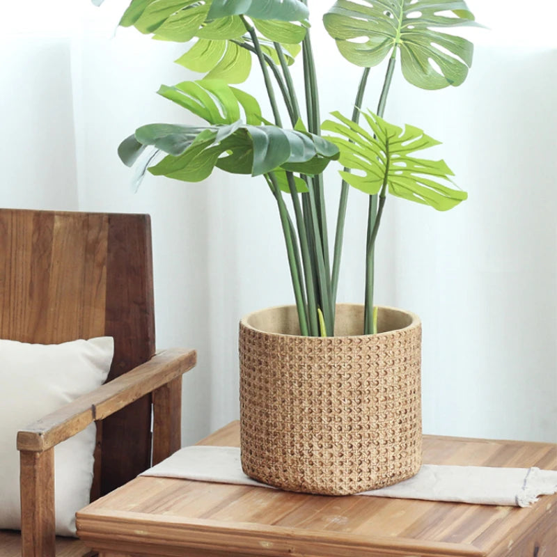 Pot plante tissé marron clair moderne rustique plante verte graines noires serviette blanche