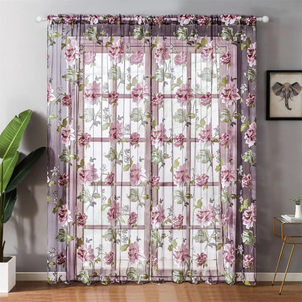 rideau fleur pivoine violet rose jaune transparent classique anneauxextérieur salon européen américain