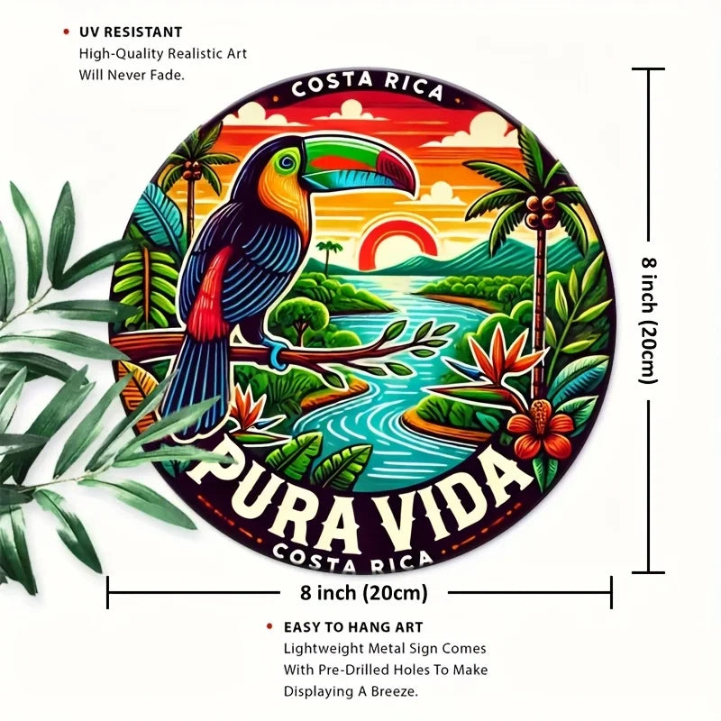 plaque métallique ronde illustration toucan paysage tropical coucher soleil fleurs exotiques multicolore rouge jaune