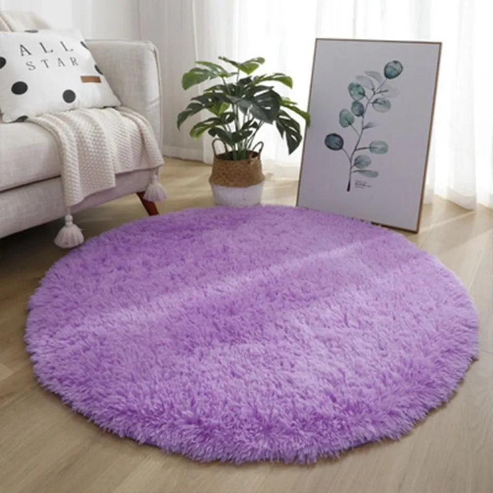 tapis rond doux fourré couleur unie moderne rose marron vert violet beige