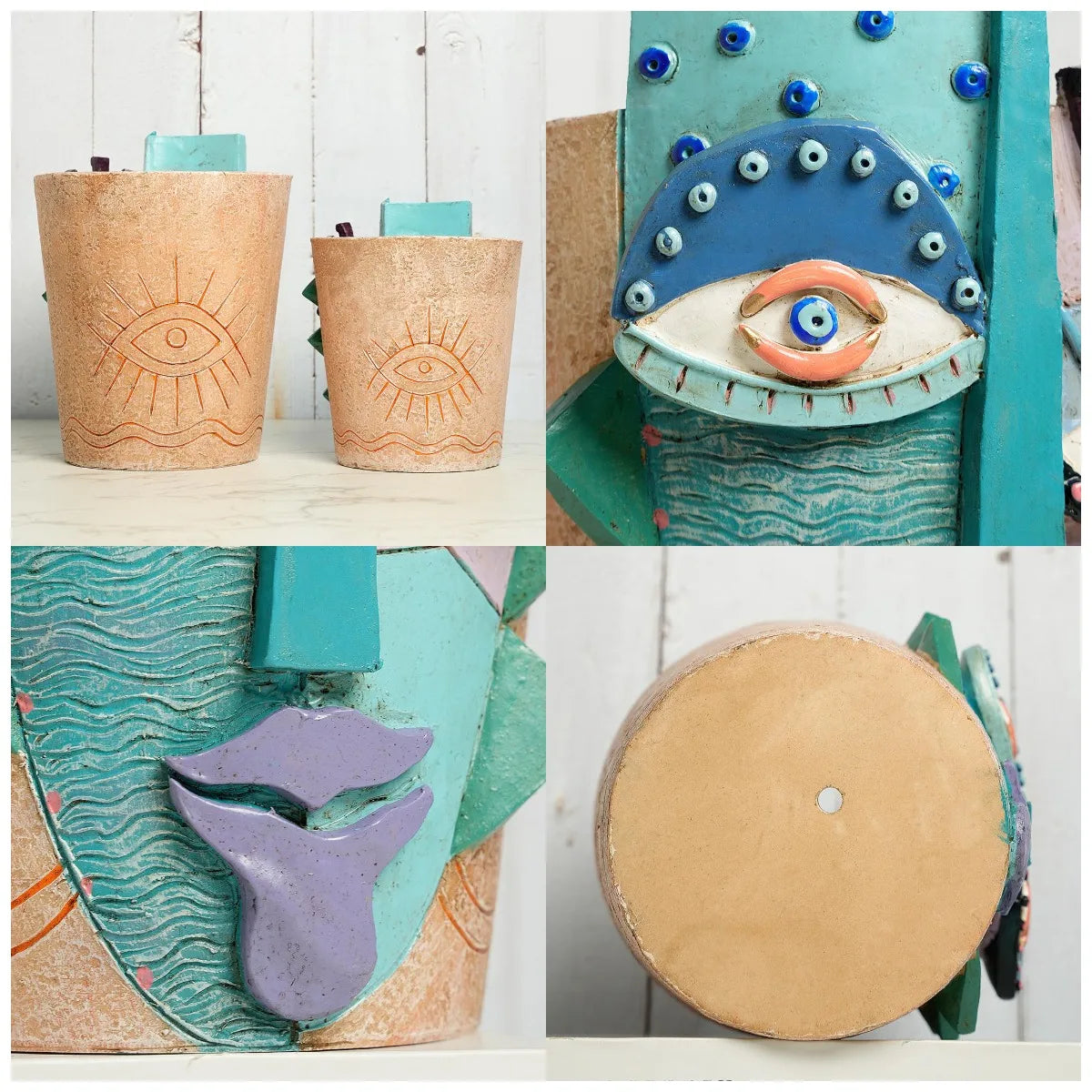 vases abstraits résine couleur bleu vert beige violet orange contemporain yeux stylisés decorationintérieurextérieur opaques