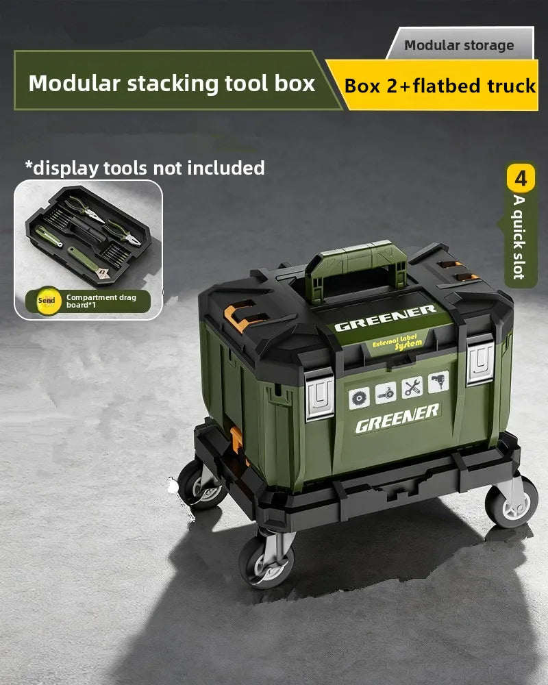 boîte outils modulaire pratique robuste vert olive mat poignées roulettes compartiments divisibles