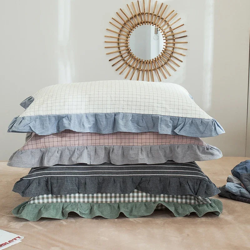 housse oreiller coton pur fleurs dentelle broderie volants lit moderne bleu gris rose