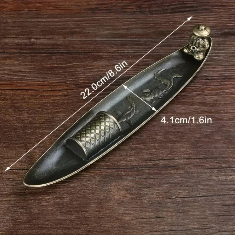 porte encens bateau asiatique figurine homme gravures poissons bois décoration intérieure aromathérapie brûleur encens
