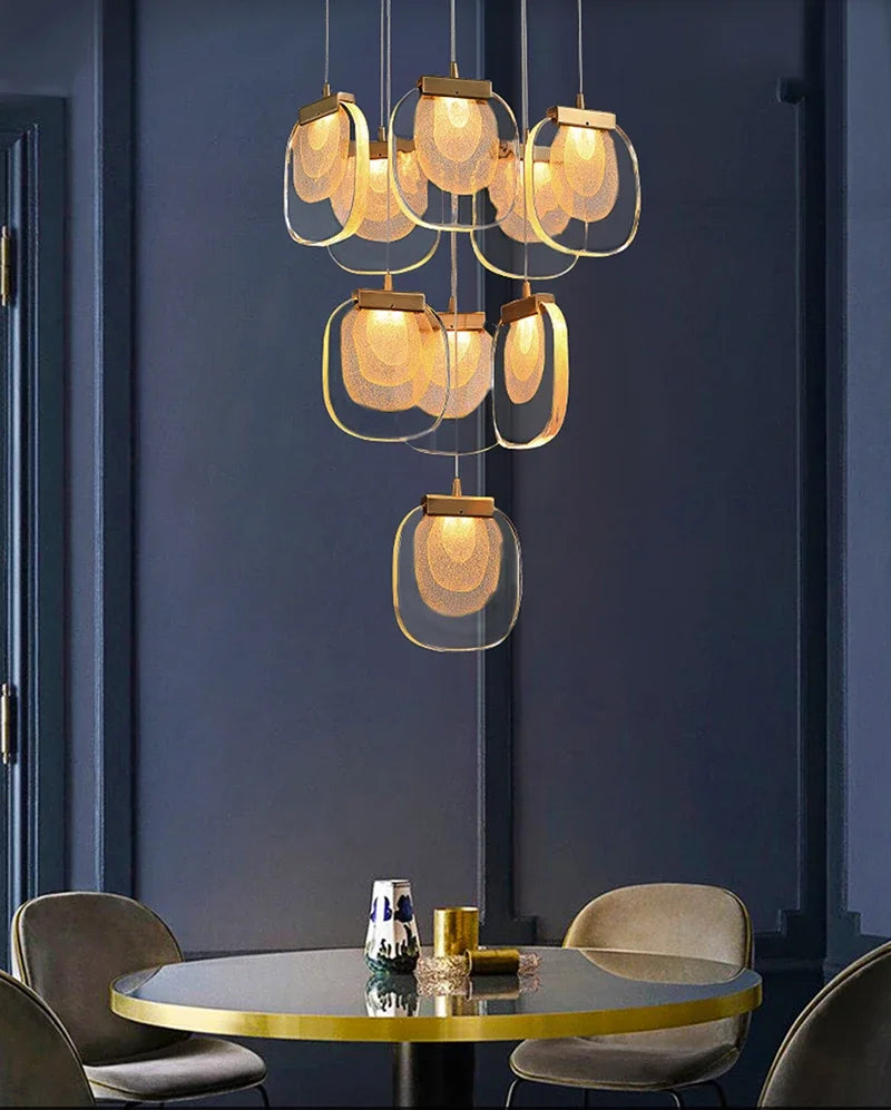 suspension lumineuse moderne transparent dorée fine élégante chaînes métalliques ampoules incluses