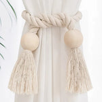 rideau boho chic ruban tissé chanvre beige clair pompon bois doux