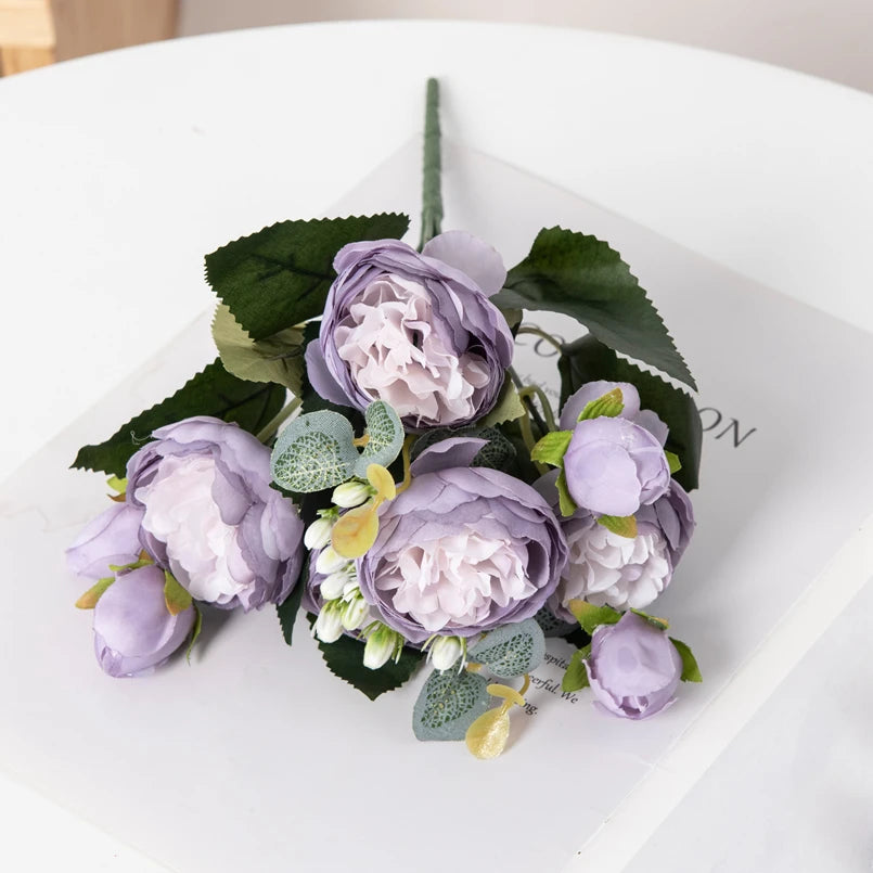 Bouquet artificiel péonies hortensia rose blanc violet décoration intérieure classique salon chambre