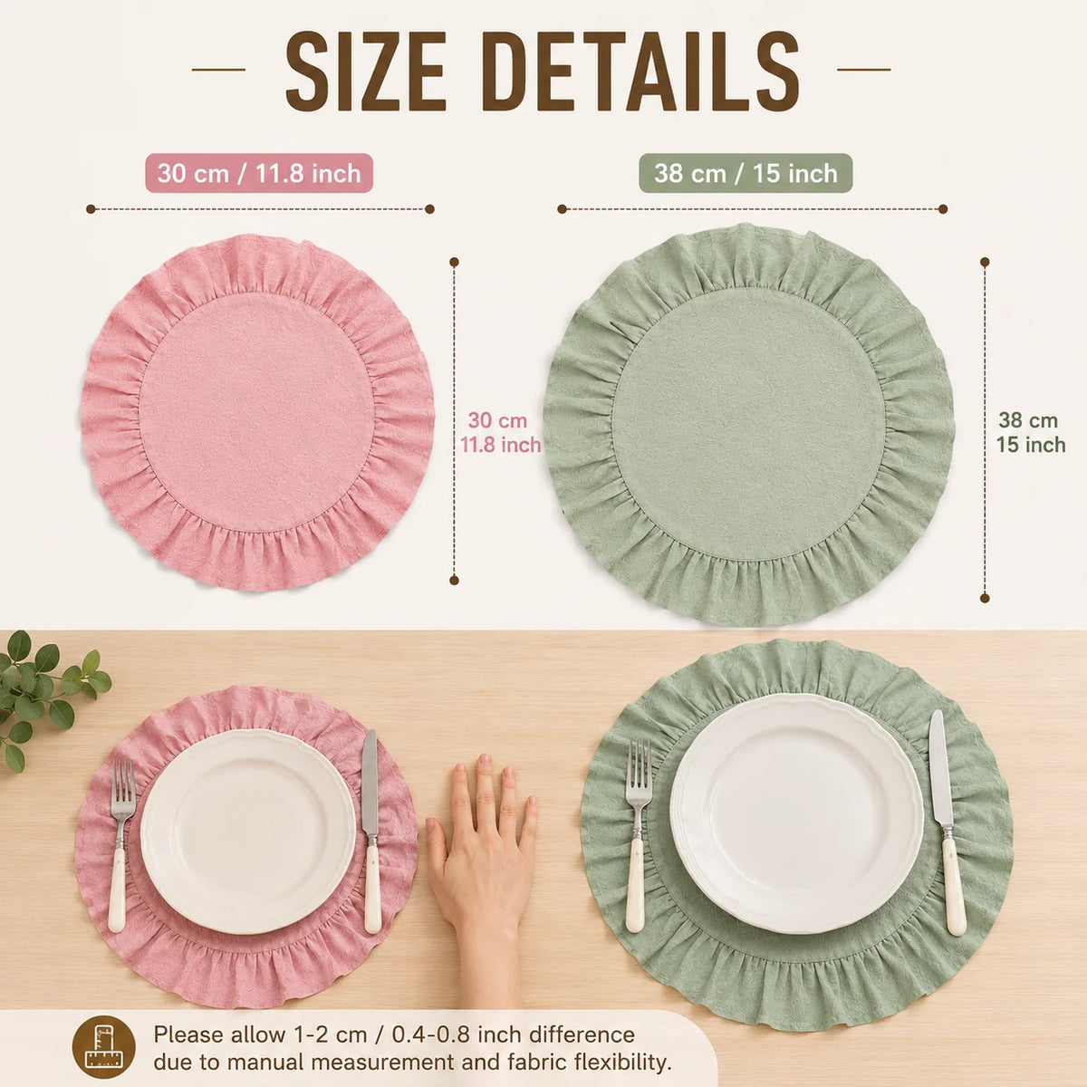 placemats élégants rose vert bleu beige volants fins table cuisine mariage fêtes