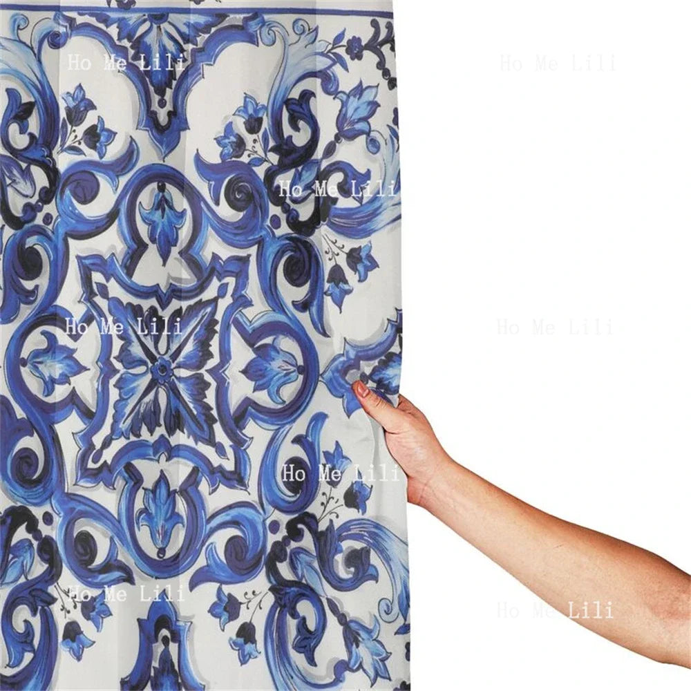 rideau douche polyester floral élégant blanc bleu métalliques classique large dimension