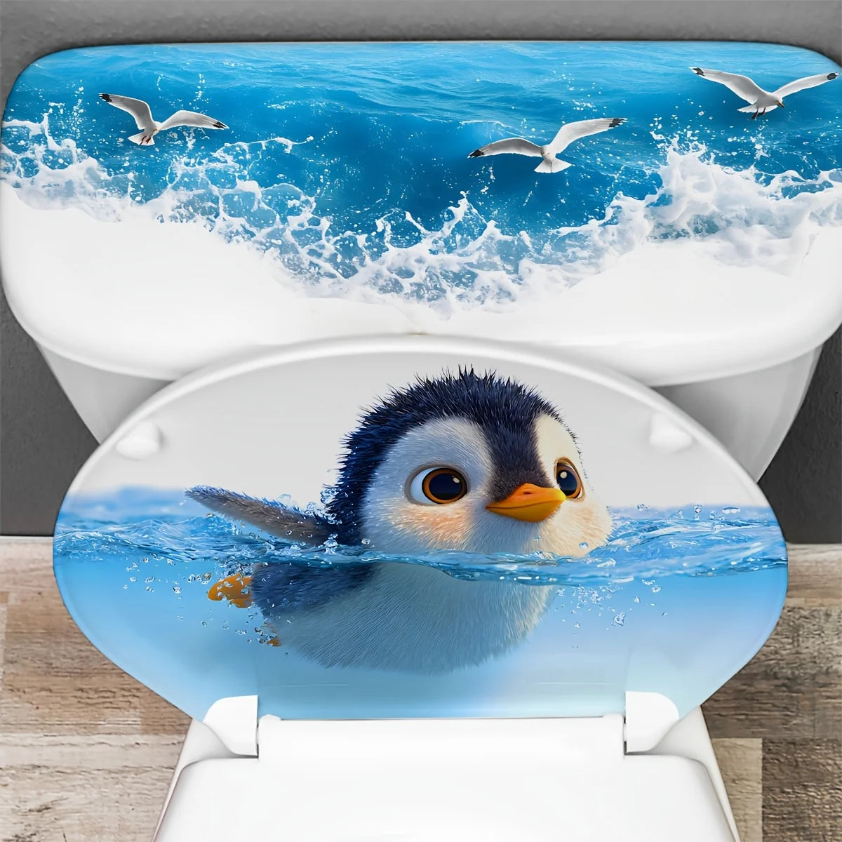 cache cuvette toilette pingouin bleu blanc illustration adhésive salle bain déco facile nettoyage