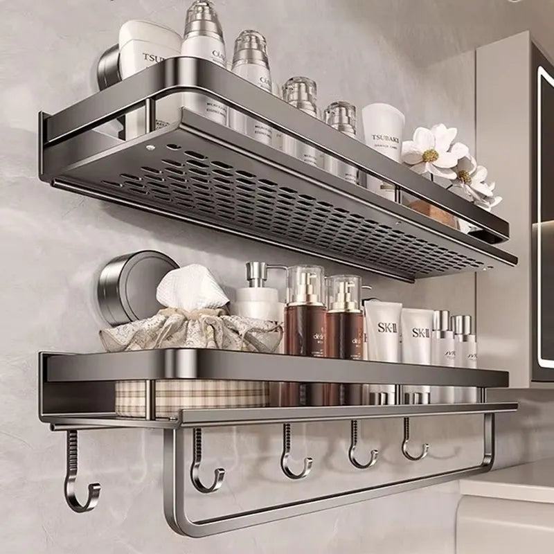 étagère murale perforée moderne adhésif gris miroir porte serviette accessoires rangement salle bain