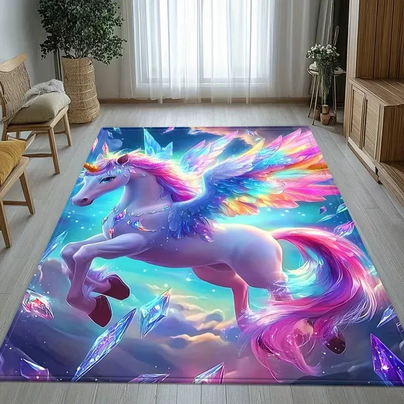 tapis licorne scénique violet rose blanc coeurs étoiles moderne antidérapant sol chambre enfant fantaisie