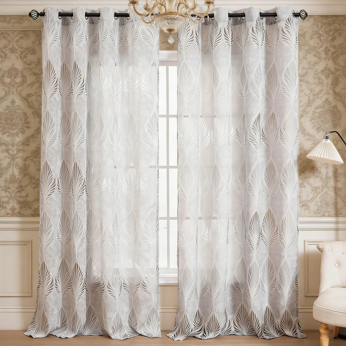rideau blanc feuilles stylisées polyester moderne élégant salon chambre translucent ondulé eyelets