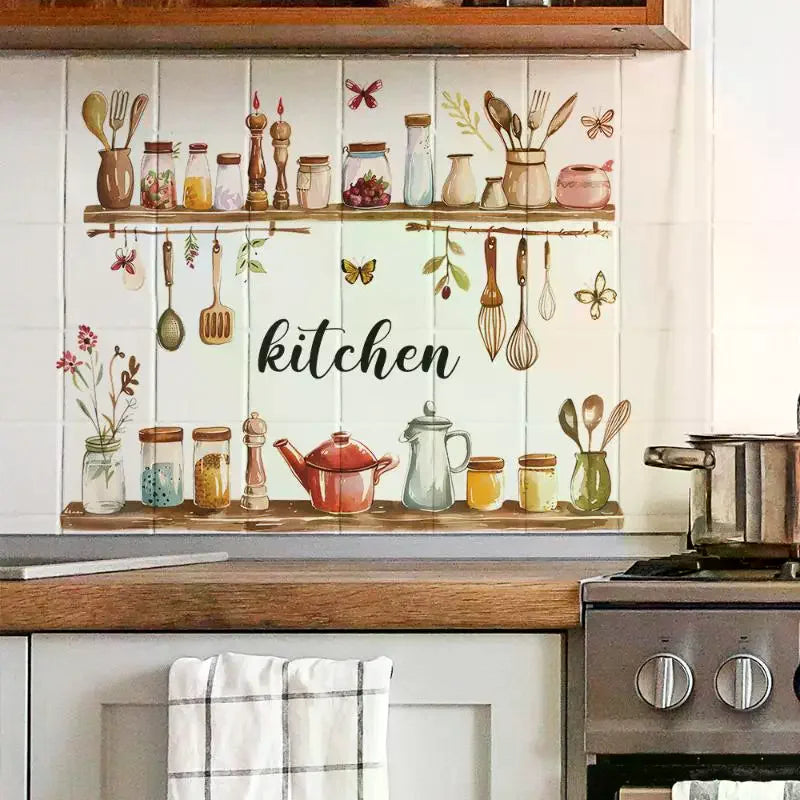 décoration murale sticker cuisine étagères bocaux ustensiles fleurs papillons aquarelle rustique