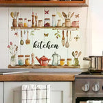 décoration murale sticker cuisine étagères bocaux ustensiles fleurs papillons aquarelle rustique