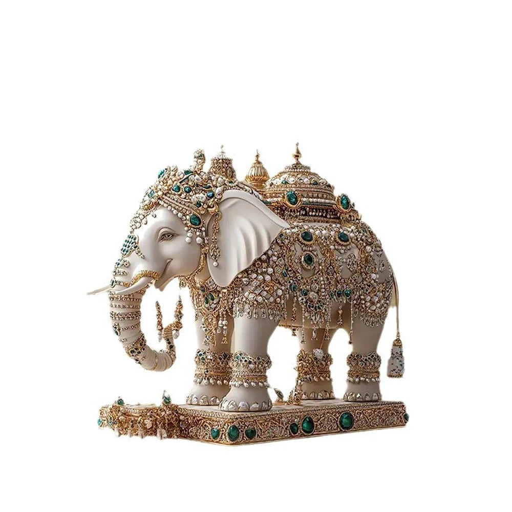 statue élégante éléphant blanc doré artisanal support transparent traditionnel ornement diamants