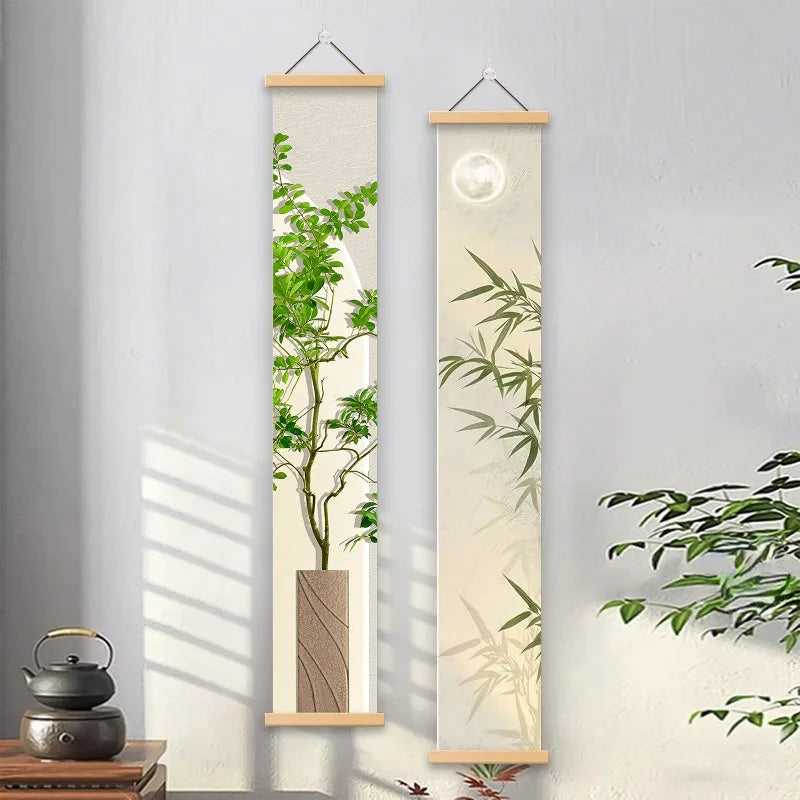 tapisserie murale art japonais feuilles bambou oiseaux fleurs vert beige décoration salon chambre zen
