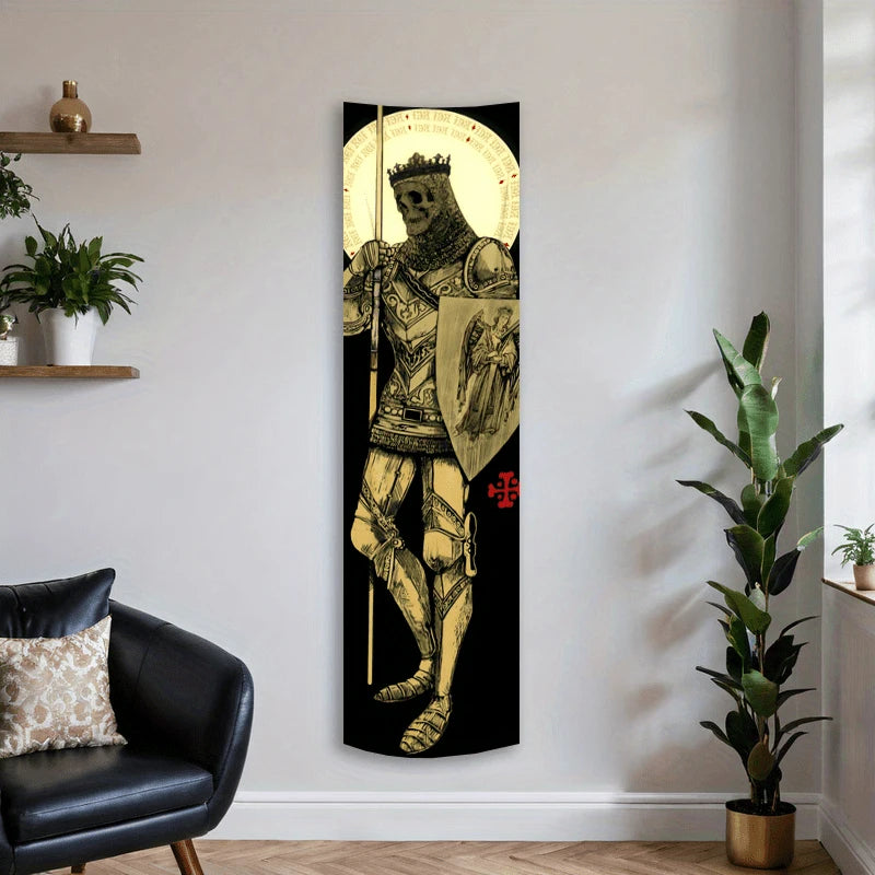 tapisserie murale chevalier squelette noir doré gothique médiévale décoration intérieure fantaisie sombre polyestère 150cm