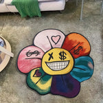 tapis multicolore fleurs symboles monétaires coeurs visages stylisés moderne pop art salon chambre 100x100cm