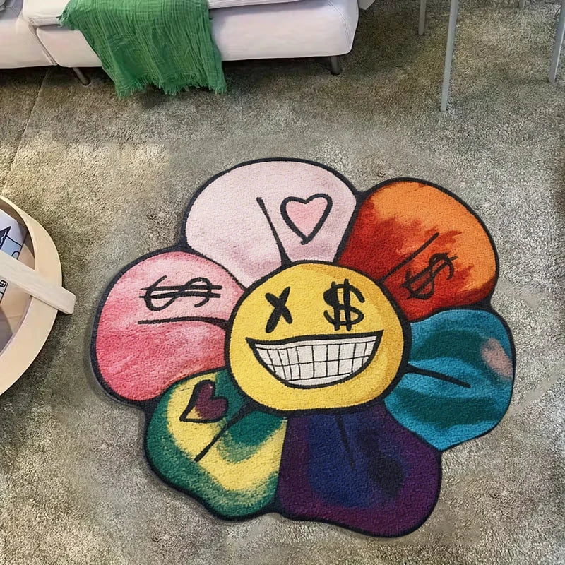 tapis multicolore fleurs symboles monétaires coeurs visages stylisés moderne pop art salon chambre 100x100cm