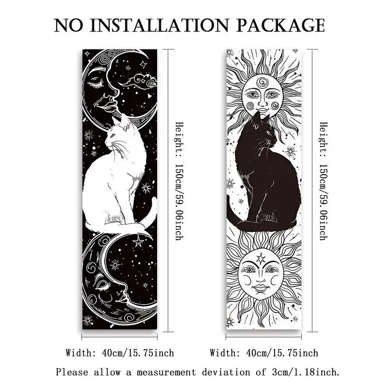 tapisserie art noir blanc chats soleils lunes motifs floraux contemporains décoration murale bohème rétro