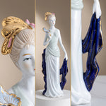 statuette féminine céramique émaillée robe élégante motifs floraux classique chapeau blanc bleu doré