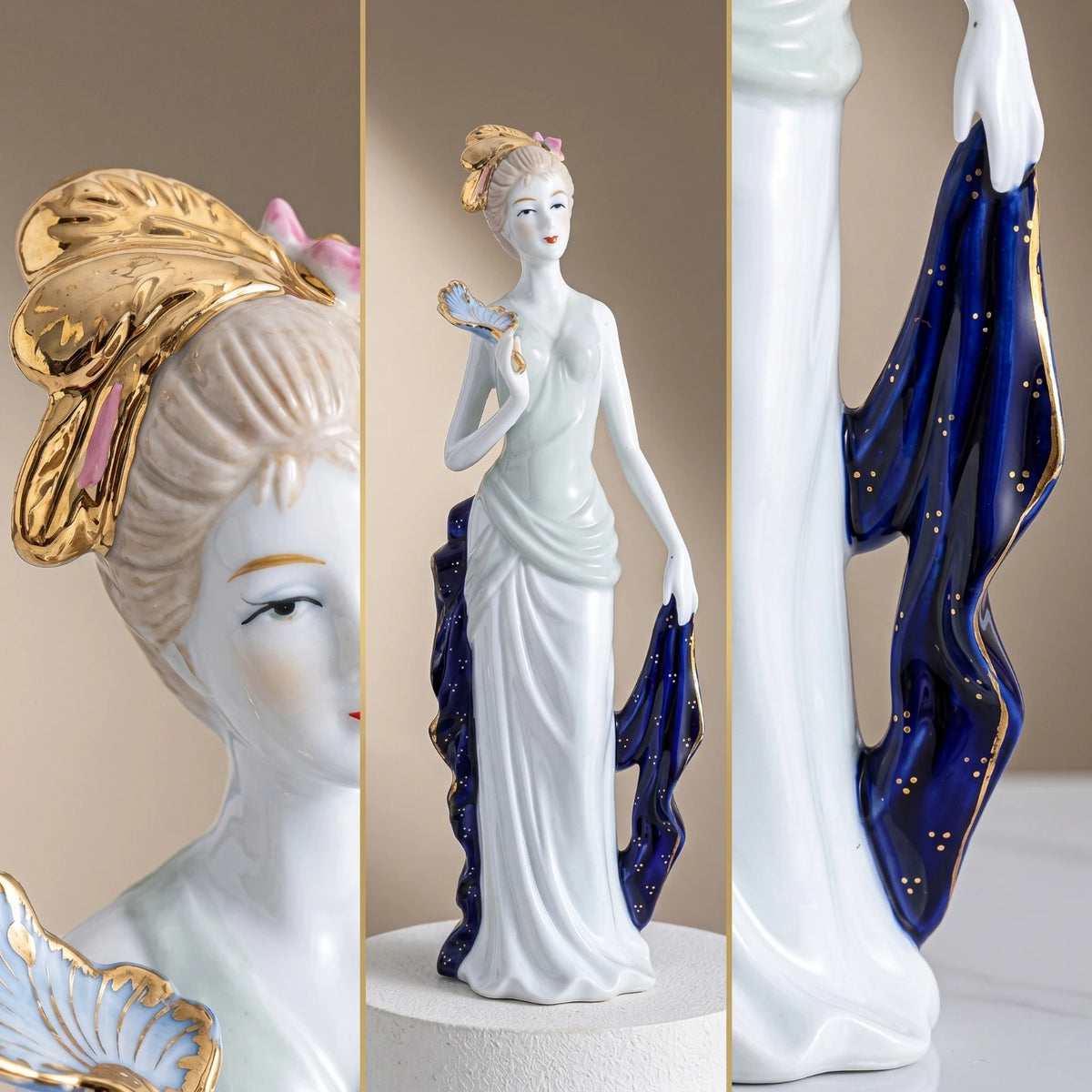 statuette féminine céramique émaillée robe élégante motifs floraux classique chapeau blanc bleu doré