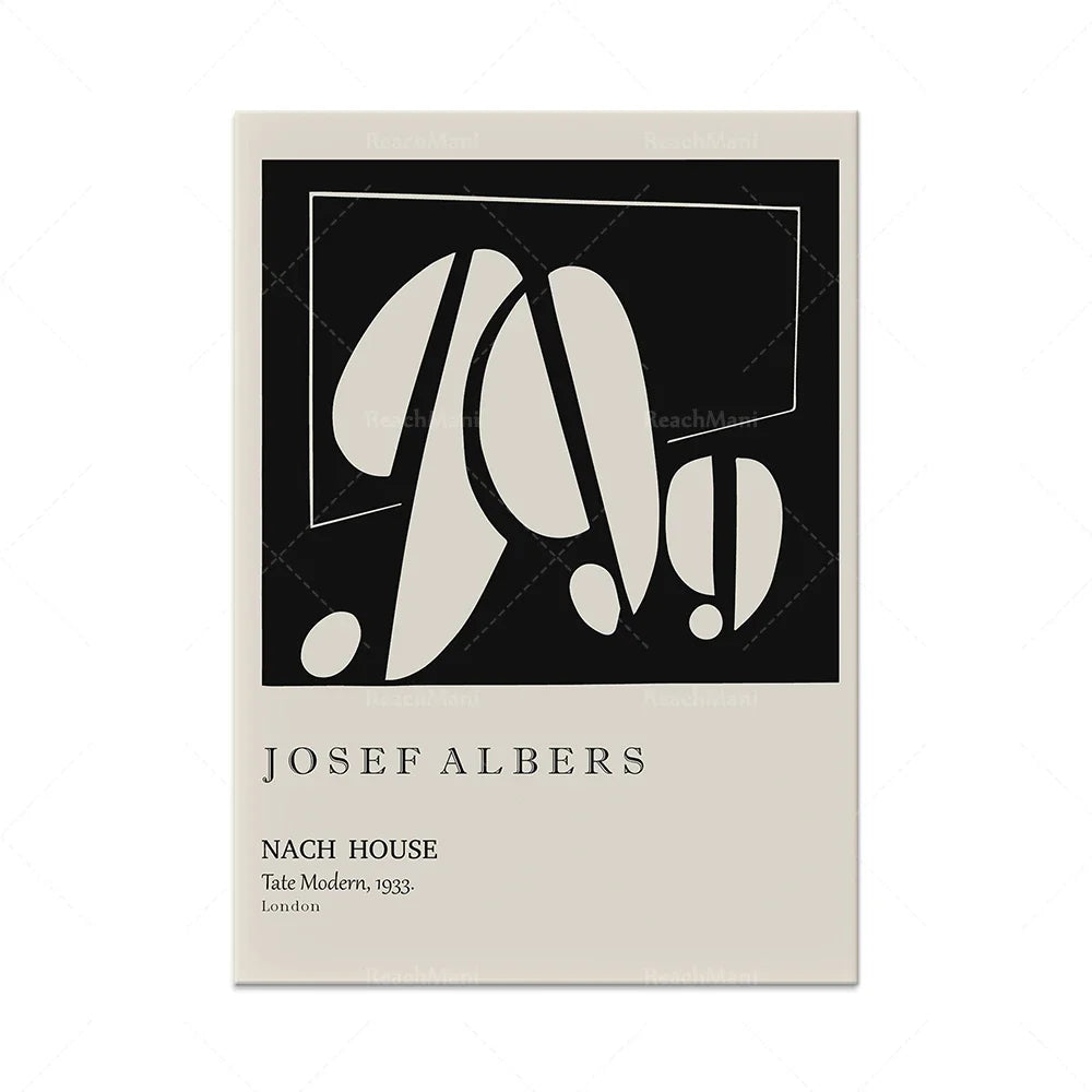 L'image présente une affiche artistique minimaliste en noir et blanc conçue par le designer Josef Albers pour la maison Nach, située à Londres en 1933.