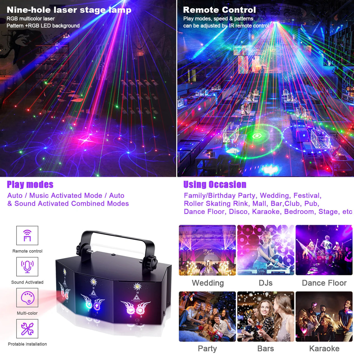 projecteur laser multicolore effet lumière scène dj disco mariage festivitésRGBO