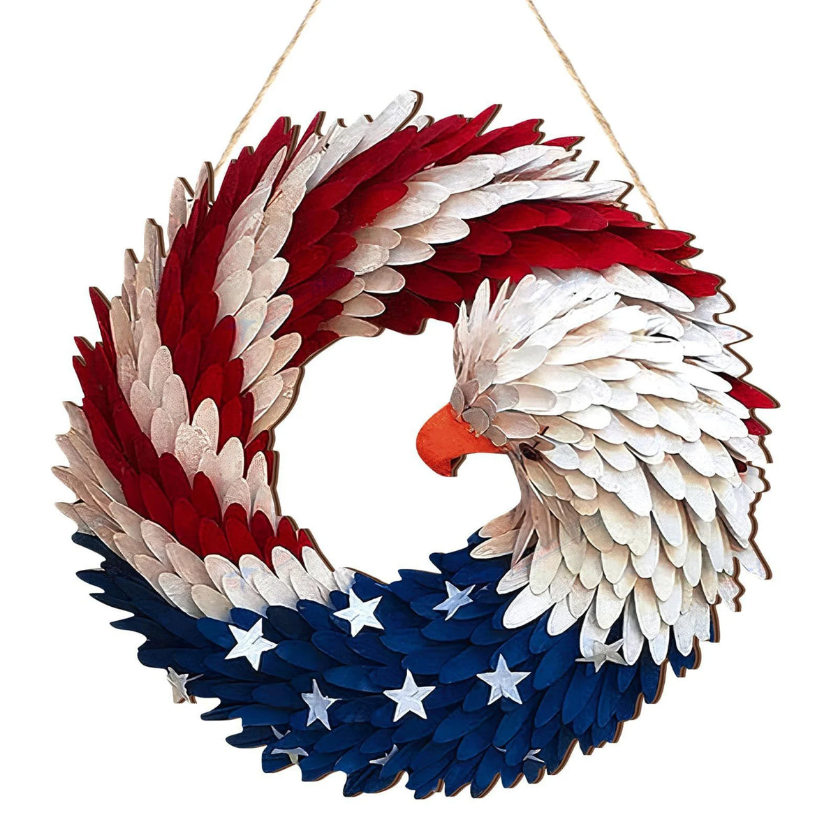couronne d'aigle patriotique bois motif étoiles blanches plumes relief 30 cm