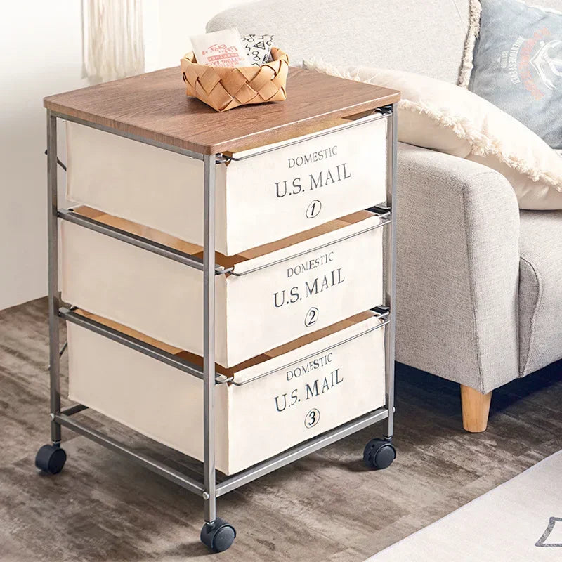 meuble tiroirs industriel beige tiroirs toile imprimée DOMESTIC U.S.MAIL numérotés roulettes multifonctionnels