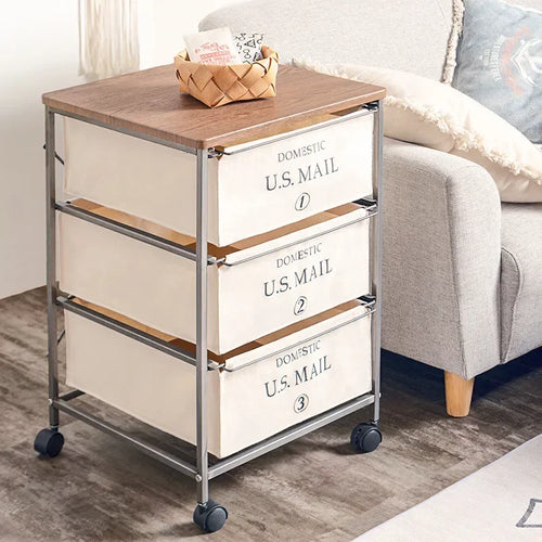 meuble tiroirs industriel beige tiroirs toile imprimée DOMESTIC U.S.MAIL numérotés roulettes multifonctionnels