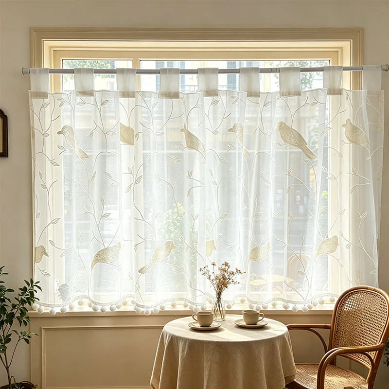 rideau blanc oiseaux brodés pompons franges moderne translucide polyester 130cm 200cm