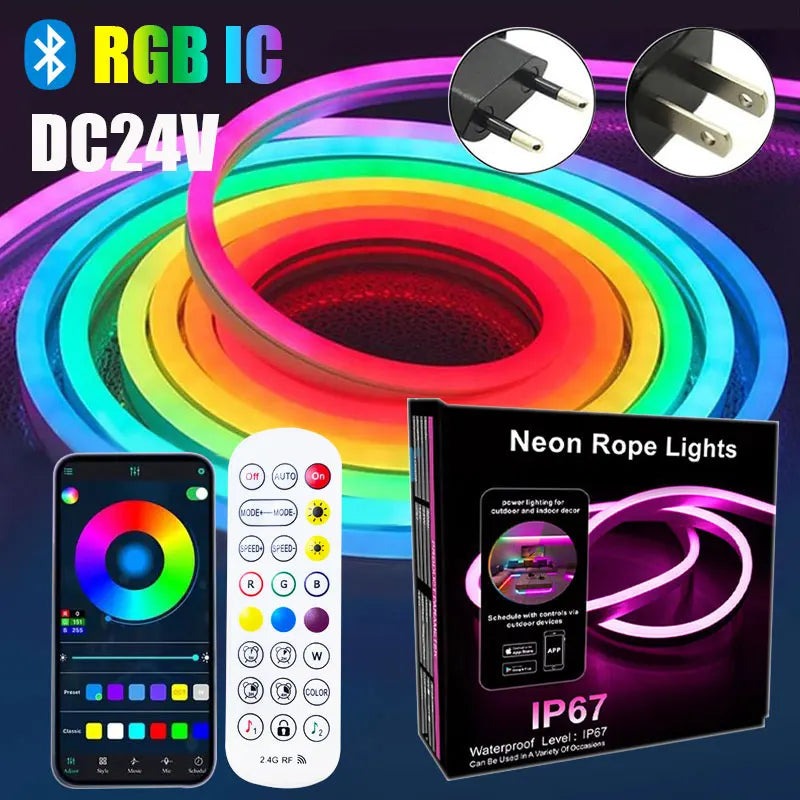 ruban led néon multicolore 24v bluetooth télécommande moderne clips mural 10m 15m 20m adaptateur