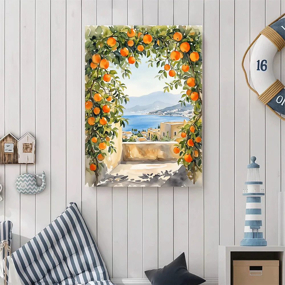 impression toile paysage méditerranéen arche feuilles oranges vue mer aquarelle sans cadre