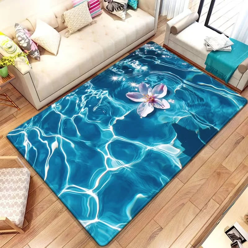tapis moderne bleu blanc motif eau ondulée antidérapant extérieur salon machine lavable