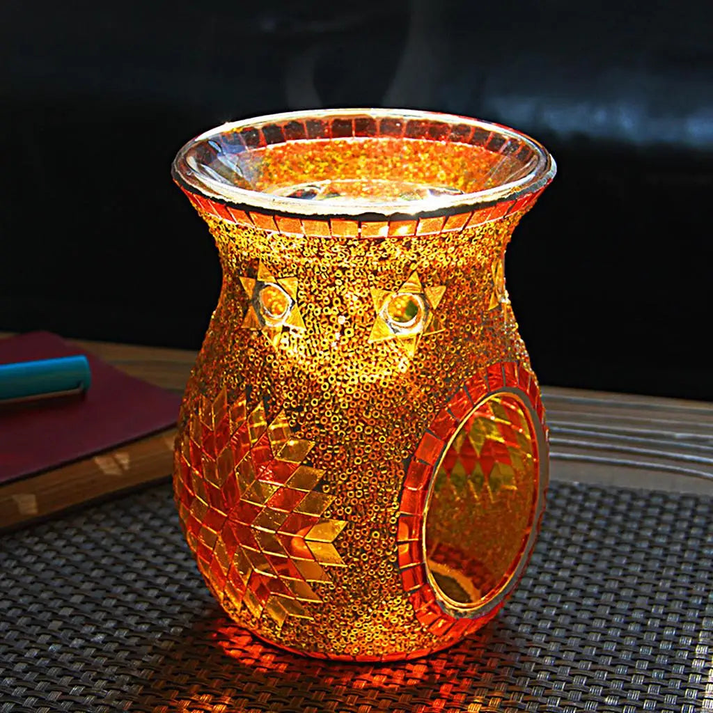 bougeoir verre mosaïque multicolore rouge bleu jaune artisanal décoration intérieure brûleur huile cire parfumée