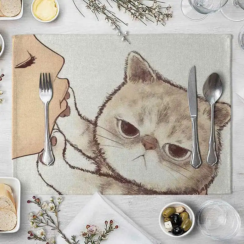 serviette table illustration chat mignon couleur beige gris rose toile lin respectueuse environnement