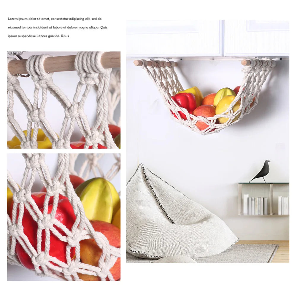 panier suspendu tressé fruits légumes beige clair rouge jaune vert semi transparent rustique bohème