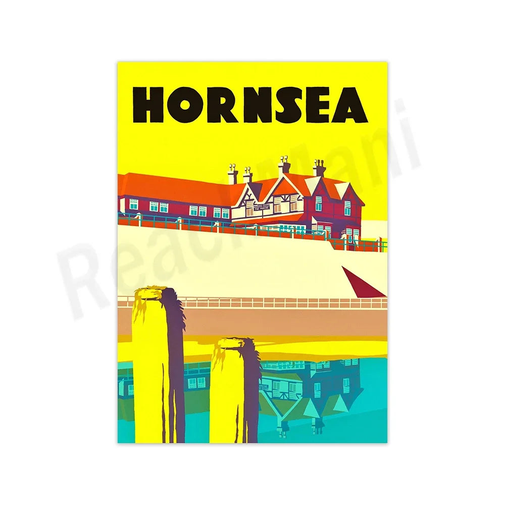L'image représente un affiche de voyages pour la ville de Hornsea, avec des maisons colorées et un paysage côtier.