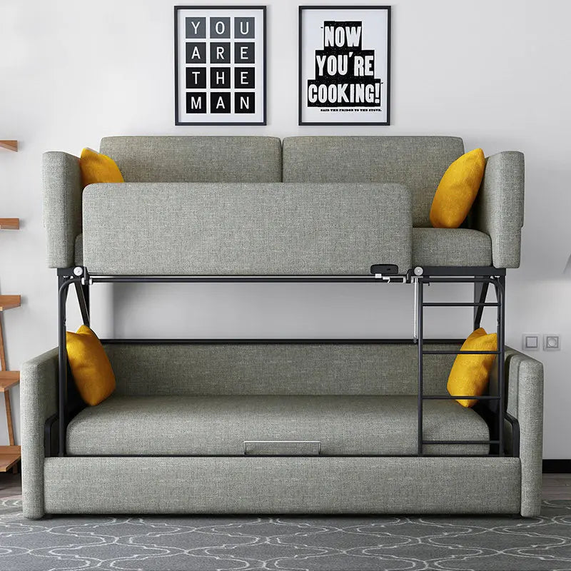 lit superposé convertible canapé moderne gris beige bleu turquoise blanc tissu uni oreillers coussins