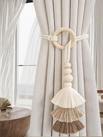 boucles rideau boho chic franges tissu coton beige blanc cassé anneaux circulaires fixations rideaux