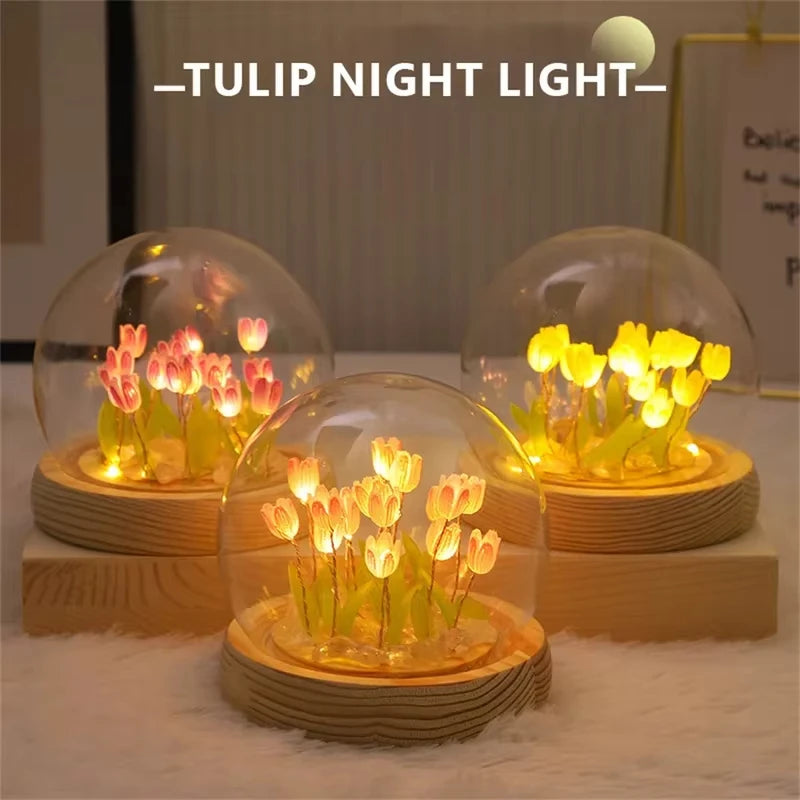 lampe nuit tulipes lumineuses blanc rose vert feuilles vertes base bois moderne intérieurDecoration
