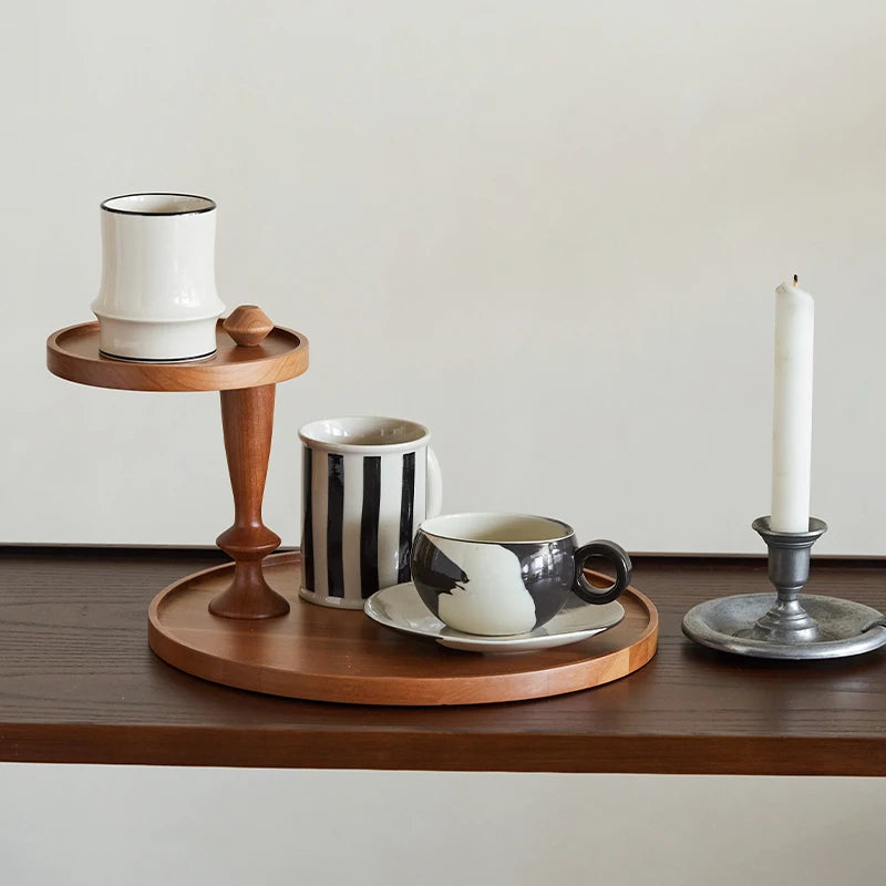 support deux niveaux bois marron clair lisse moderne rangement flacons parfum tasses bougies soucoupes