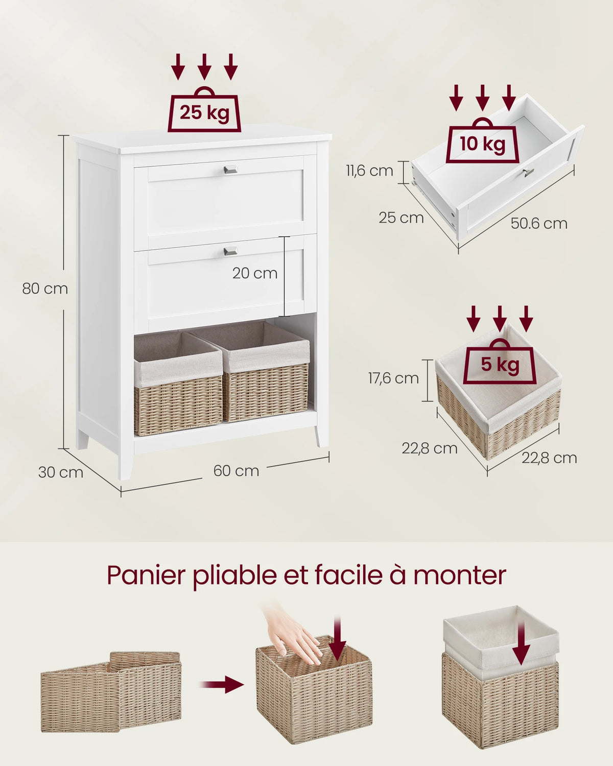 Meuble blanc avec séparateur réglable et paniers
